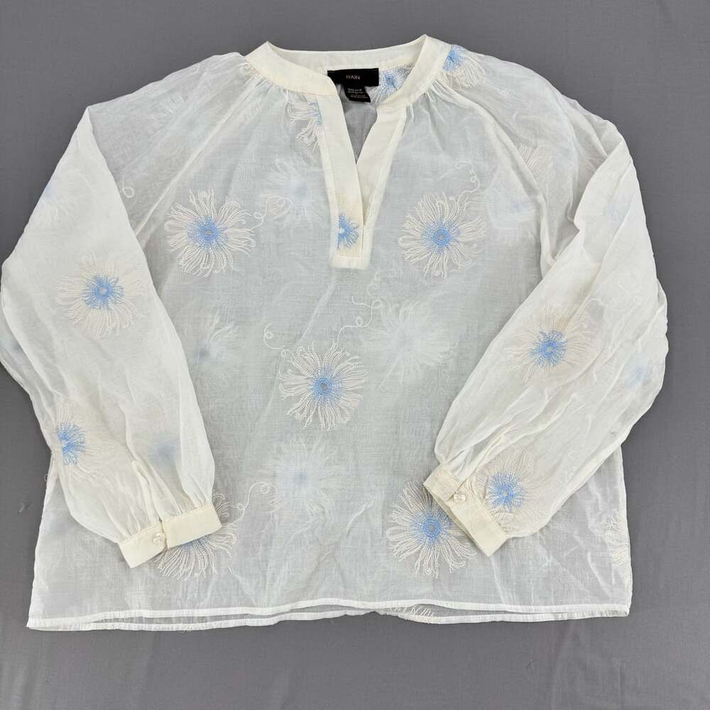RAIN Women's Ivory White Blue Floral Embroidered Lyocell Blend Blouse Top Size L
